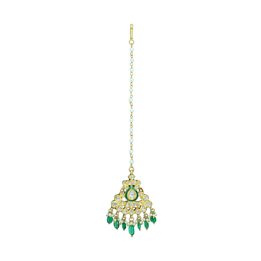 Green Enamel Polki Mangtikka with Pearl and Emerald Drops